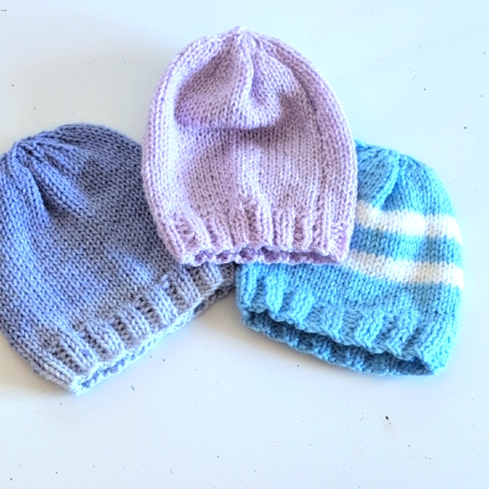 Cozy Kids Beanie Set Lot of 3 Purple, Pink, Blue & White Striped Hand Knitted